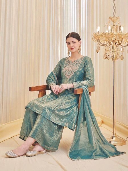 Intricate Teal Blue Festive Wear Kurti Palazzo Set with Sequence Work for Women Ready To Wear Collection