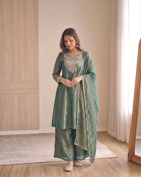 Intricate Teal Blue Festive Wear Kurti Palazzo Set with Sequence Work for Women Ready To Wear Collection