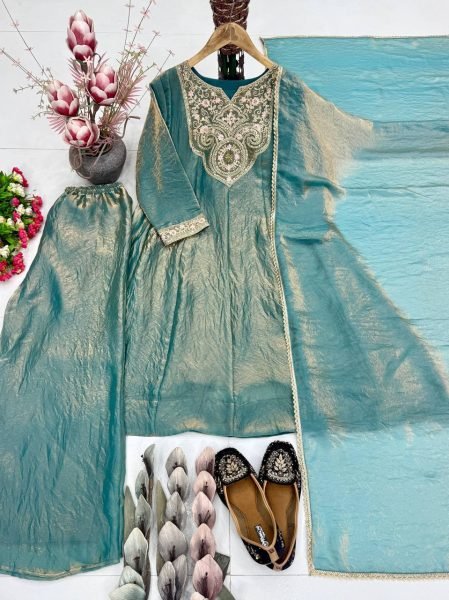 Intricate Teal Blue Festive Wear Kurti Palazzo Set with Sequence Work for Women Ready To Wear Collection