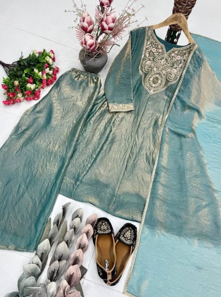 Intricate Teal Blue Festive Wear Kurti Palazzo Set with Sequence Work for Women Ready To Wear Collection
