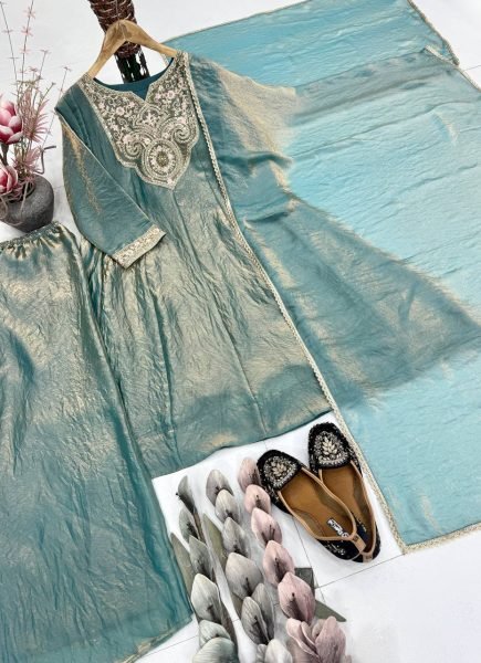 Intricate Teal Blue Festive Wear Kurti Palazzo Set with Sequence Work for Women Ready To Wear Collection