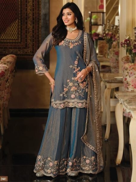 Intricate Teal Blue Moss Silk Top Palazzo Dupatta Set with Beads Work at Wholesale Rate 