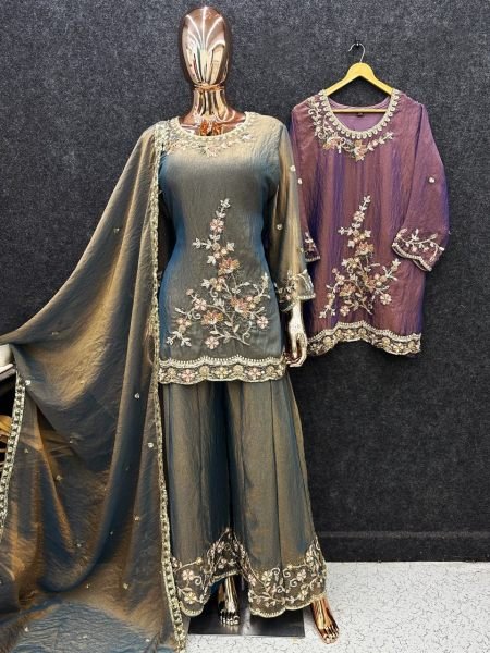 Intricate Teal Blue Moss Silk Top Palazzo Dupatta Set with Beads Work at Wholesale Rate Designer Plazzo Salwar Suits Wholesale