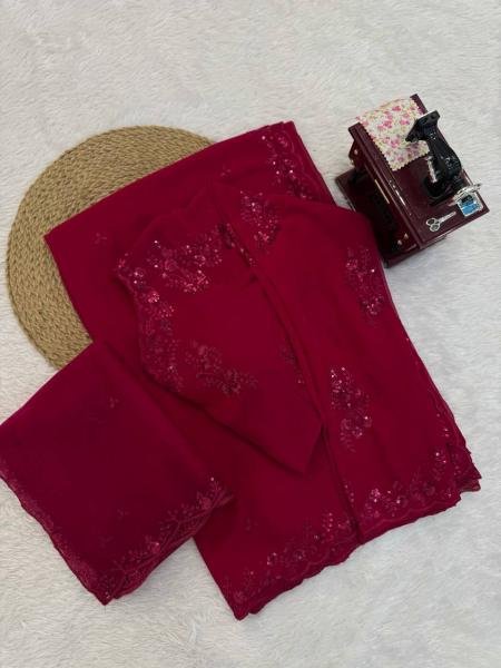 Intricate Thread Work Faux Georgette Saree with Soft Net Dupatta   Embroidered Blouse Embroidery Sarees Wholesale