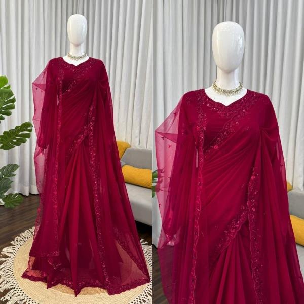 Intricate Thread Work Faux Georgette Saree with Soft Net Dupatta   Embroidered Blouse Embroidery Sarees Wholesale