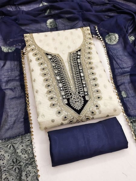Intricate White Blue Festival Wear Shimmer Silk Suit with Jacquard Chanderi Silk Dupatta 