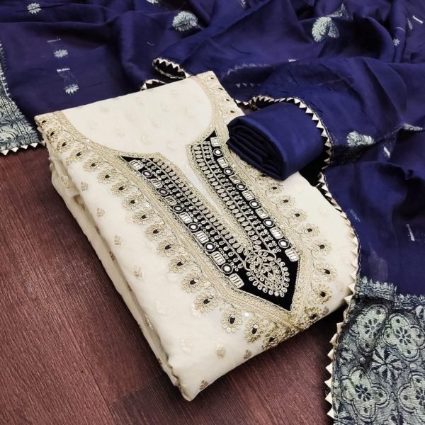 Intricate White Blue Festival Wear Shimmer Silk Suit with Jacquard Chanderi Silk Dupatta Color Set Matching Dress Material Wholesale