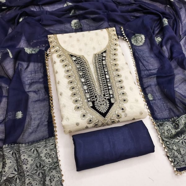 Intricate White Blue Festival Wear Shimmer Silk Suit with Jacquard Chanderi Silk Dupatta Color Set Matching Dress Material Wholesale