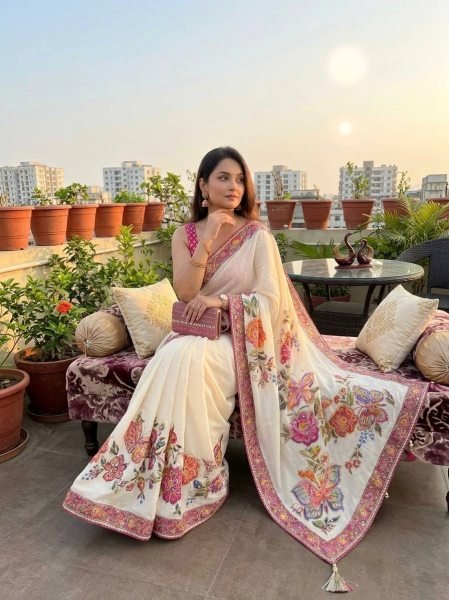 Intricate White Chinon Silk Celebrity Style Saree with Sequins and Real Mirror Work Silk Sarees Wholesale