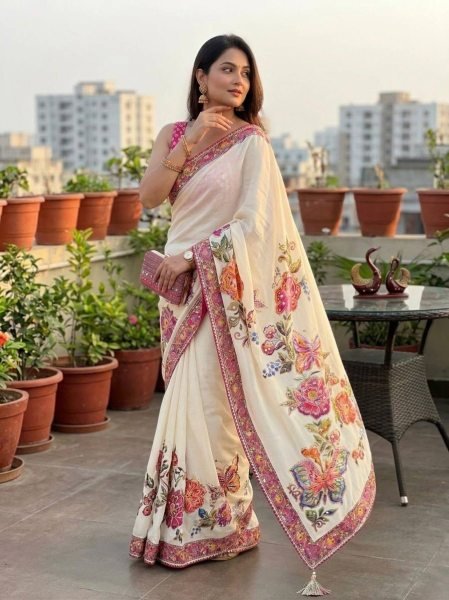 Intricate White Chinon Silk Celebrity Style Saree with Sequins and Real Mirror Work Silk Sarees Wholesale