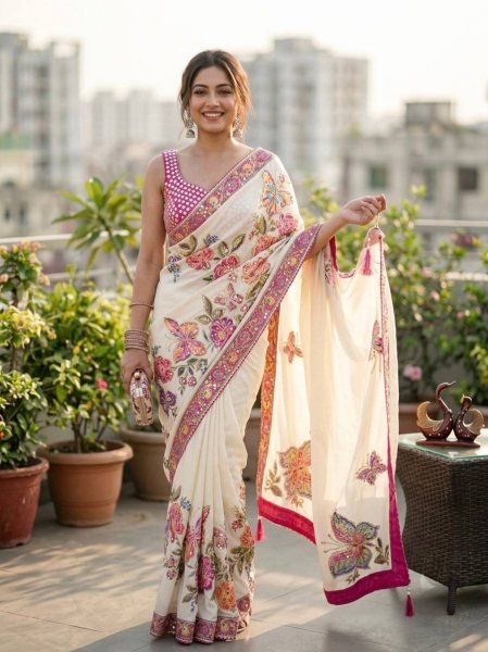 Intricate White Chinon Silk Celebrity Style Saree with Sequins and Real Mirror Work Silk Sarees Wholesale