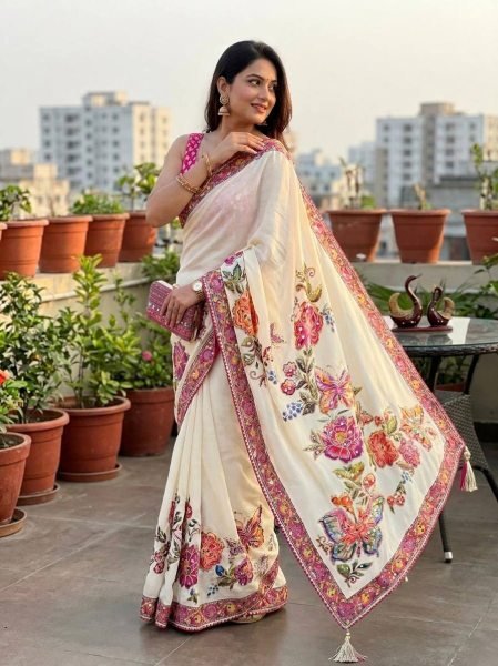 Intricate White Chinon Silk Celebrity Style Saree with Sequins and Real Mirror Work Silk Sarees Wholesale