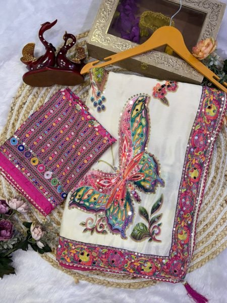 Intricate White Chinon Silk Celebrity Style Saree with Sequins and Real Mirror Work Silk Sarees Wholesale