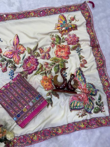 Intricate White Chinon Silk Celebrity Style Saree with Sequins and Real Mirror Work Silk Sarees Wholesale