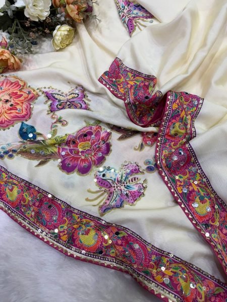 Intricate White Chinon Silk Celebrity Style Saree with Sequins and Real Mirror Work Silk Sarees Wholesale