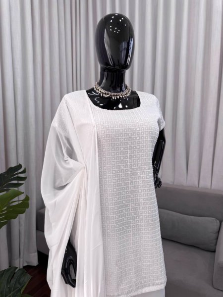 Intricate White Pakistani Chikankari Kurta With Pants And a Dupatta For Special Occasions  Ready To Wear Collection