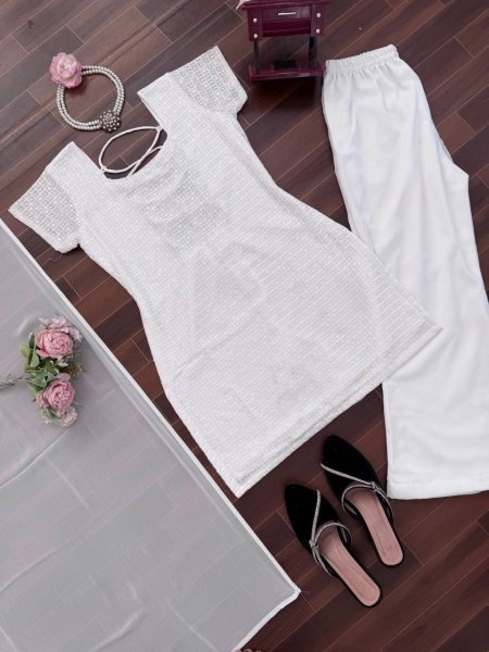 Intricate White Pakistani Chikankari Kurta With Pants And a Dupatta For Special Occasions  Ready To Wear Collection