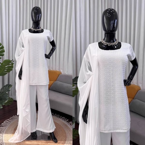 Intricate White Pakistani Chikankari Kurta With Pants And a Dupatta For Special Occasions  Ready To Wear Collection
