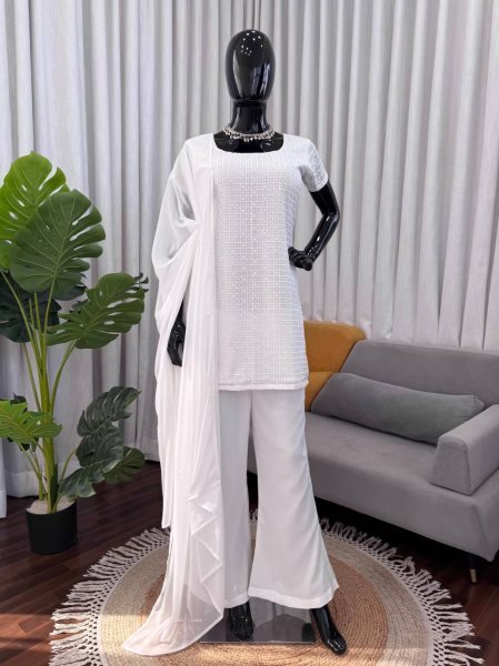 Intricate White Pakistani Chikankari Kurta With Pants And a Dupatta For Special Occasions  Ready To Wear Collection