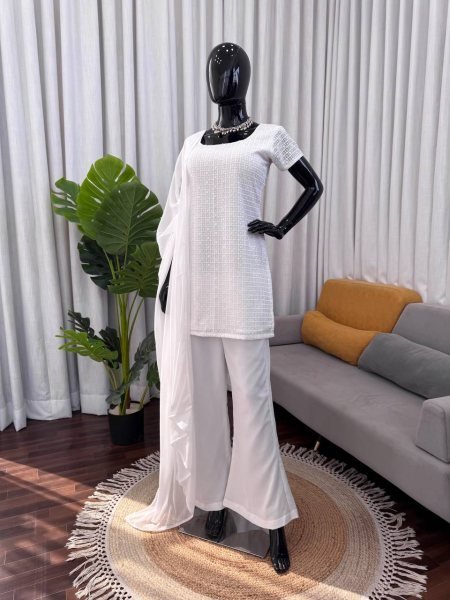 Intricate White Pakistani Chikankari Kurta With Pants And a Dupatta For Special Occasions  Ready To Wear Collection