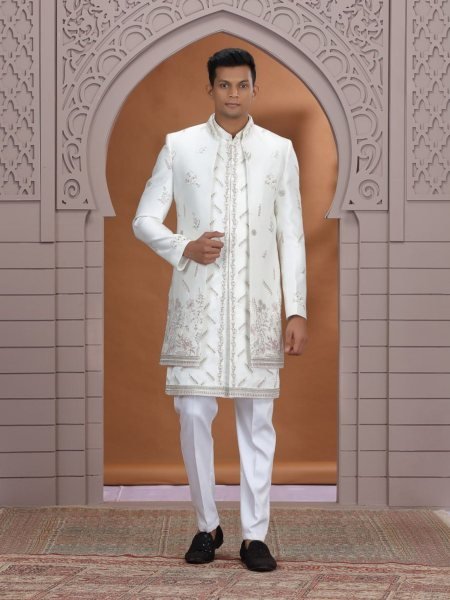 Intricate White Premium Embroidered Suit Set with Heavy Designer Look Finish Mens Wear