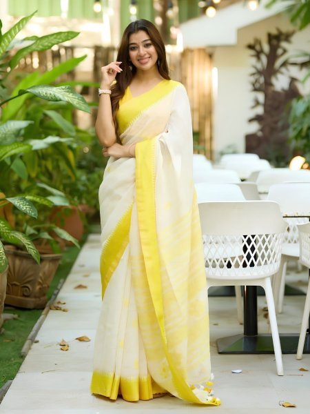 Intricate White Soft Linen Slub Saree with All Over Jacquard Weaving Work For Temple  