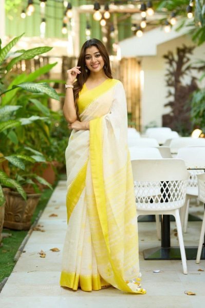Intricate White Soft Linen Slub Saree with All Over Jacquard Weaving Work For Temple  Linen Sarees Wholesale