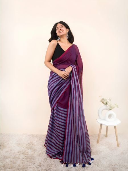 Intricate Wine Linen Cotton Digital Print Saree with Contrast Border For Festival 