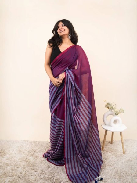Intricate Wine Linen Cotton Digital Print Saree with Contrast Border For Festival Linen Sarees Wholesale