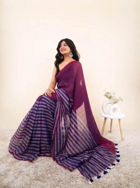 Intricate Wine Linen Cotton Digital Print Saree with Contrast Border For Festival Linen Sarees Wholesale
