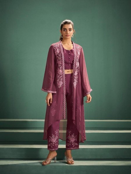 Intricate Wine Pure Georgette Jacket with Mal Chanderi Top and Bottom 