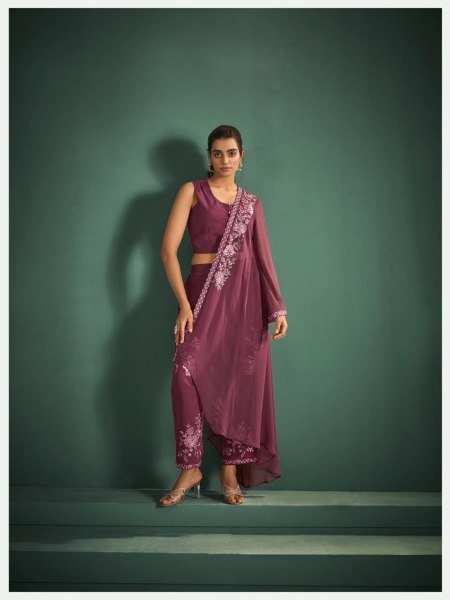 Intricate Wine Pure Georgette Jacket with Mal Chanderi Top and Bottom Embroidery Suits Wholesale