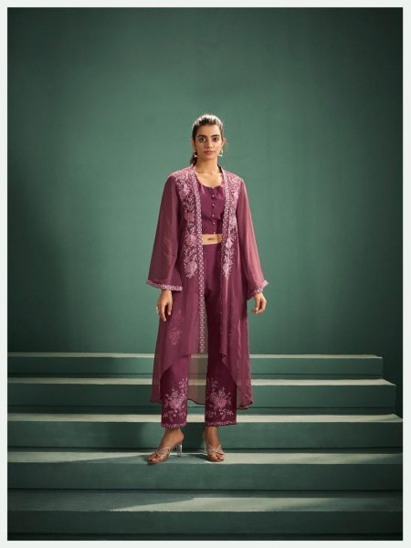 Intricate Wine Pure Georgette Jacket with Mal Chanderi Top and Bottom Embroidery Suits Wholesale