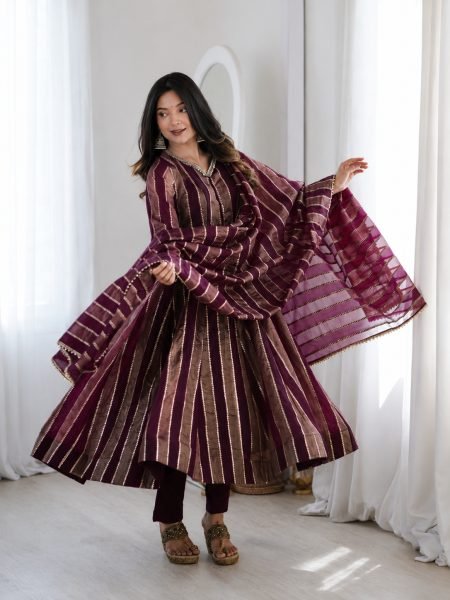 Intricate Wine Viscose Weaving Jacquard Gown Set with Real Mirror Lace Work Dupatta Ready To Wear Suit
