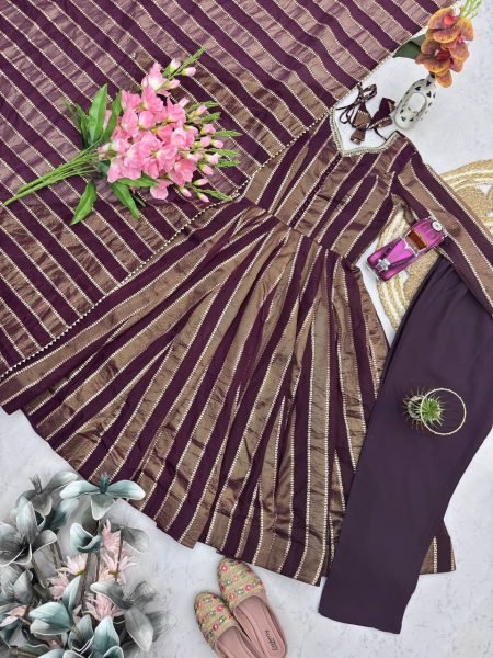 Intricate Wine Viscose Weaving Jacquard Gown Set with Real Mirror Lace Work Dupatta Ready To Wear Collection