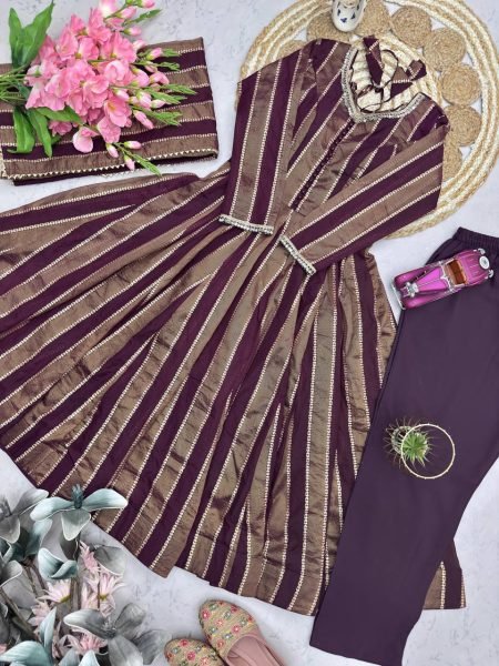 Intricate Wine Viscose Weaving Jacquard Gown Set with Real Mirror Lace Work Dupatta Ready To Wear Collection