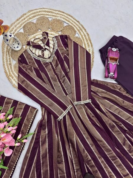 Intricate Wine Viscose Weaving Jacquard Gown Set with Real Mirror Lace Work Dupatta Ready To Wear Collection