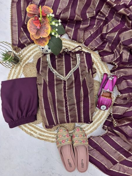 Intricate Wine Viscose Weaving Jacquard Gown Set with Real Mirror Lace Work Dupatta Ready To Wear Collection