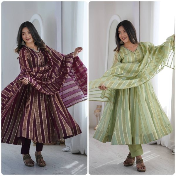 Intricate Wine Viscose Weaving Jacquard Gown Set with Real Mirror Lace Work Dupatta Ready To Wear Collection
