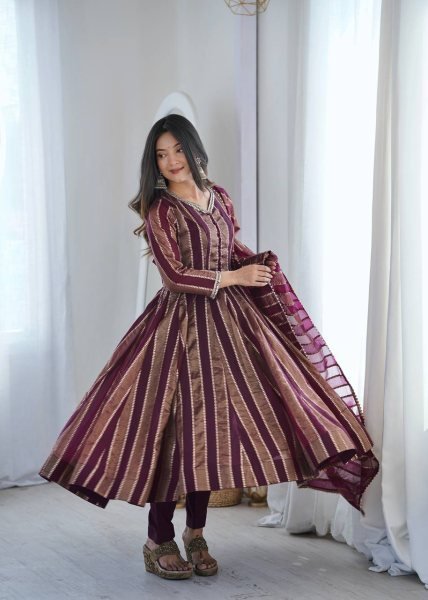 Intricate Wine Viscose Weaving Jacquard Gown Set with Real Mirror Lace Work Dupatta Ready To Wear Collection