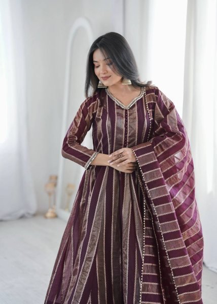 Intricate Wine Viscose Weaving Jacquard Gown Set with Real Mirror Lace Work Dupatta Ready To Wear Collection