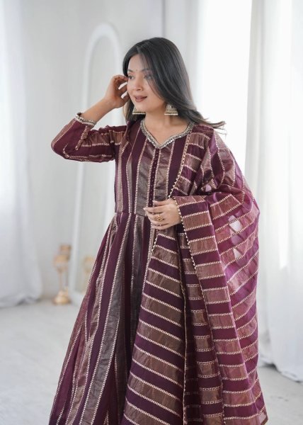 Intricate Wine Viscose Weaving Jacquard Gown Set with Real Mirror Lace Work Dupatta Ready To Wear Collection