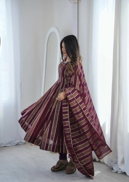 Intricate Wine Viscose Weaving Jacquard Gown Set with Real Mirror Lace Work Dupatta Ready To Wear Collection