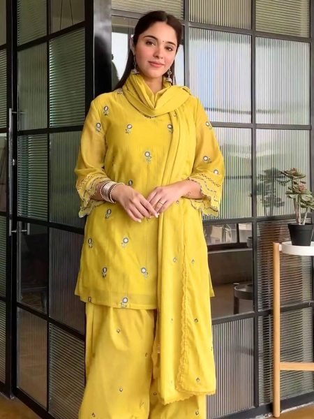 Intricate Yellow Satin Mul Chandheri Farshi Palazzo Suit with Dupatta For Women