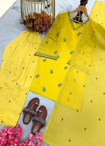 Intricate Yellow Satin Mul Chandheri Farshi Palazzo Suit with Dupatta For Women Ready To Wear Collection