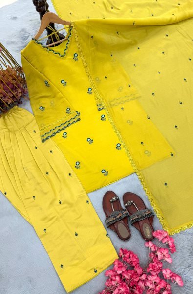 Intricate Yellow Satin Mul Chandheri Farshi Palazzo Suit with Dupatta For Women Ready To Wear Collection