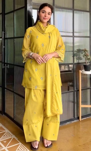Intricate Yellow Satin Mul Chandheri Farshi Palazzo Suit with Dupatta For Women Ready To Wear Collection