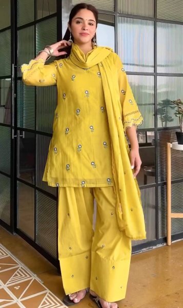 Intricate Yellow Satin Mul Chandheri Farshi Palazzo Suit with Dupatta For Women Ready To Wear Collection