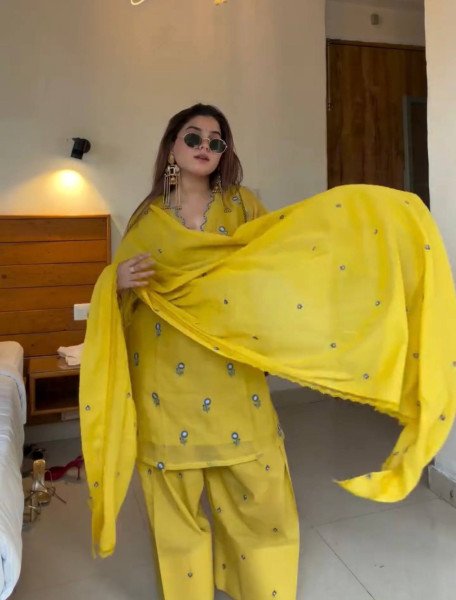 Intricate Yellow Satin Mul Chandheri Farshi Palazzo Suit with Dupatta For Women Ready To Wear Collection