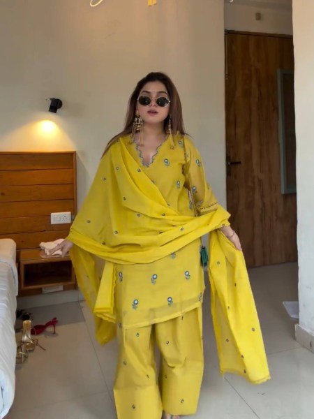Intricate Yellow Satin Mul Chandheri Farshi Palazzo Suit with Dupatta For Women Ready To Wear Collection
